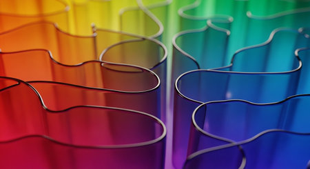Transparent wavy acrylic sheets arranged in a rainbow spectrum from red to purple, featuring dark outlines and a smooth, translucent texture.の素材