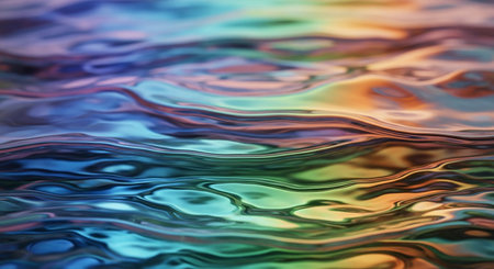 Close-up of a vibrant, iridescent water surface reflecting a spectrum of colors including blue, green, orange, and purple.の素材