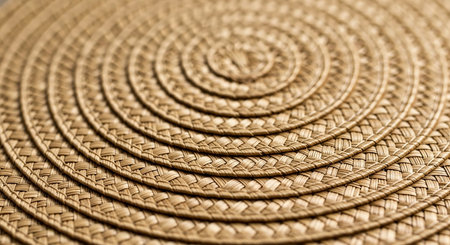 Extreme close-up of concentric woven straw circles creating a detailed natural texture.の素材