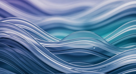 Abstract flowing waves composed of translucent blue and teal glass ribbons, featuring subtle light reflections and small water droplets.の素材
