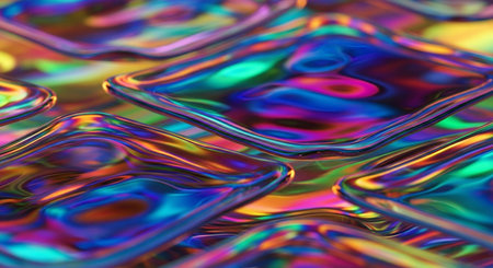 A close-up of iridescent liquid squares with vibrant rainbow colors and fluid, wavy surfaces reflecting light.の素材