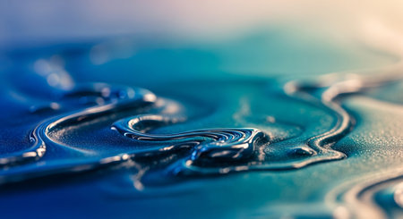 A close-up macro view of a glossy, deep blue liquid surface with intricate swirling patterns and subtle reflections creating an abstract texture.の素材