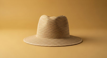 A light brown straw hat with an indented crown is displayed against a warm yellow background.の素材