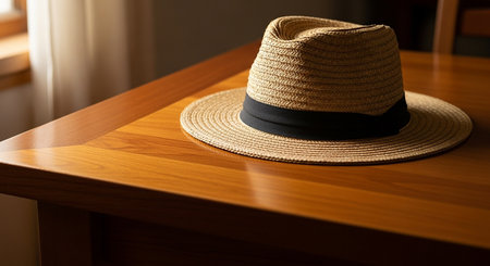 A straw fedora hat with a black band rests on a polished wooden table near a window.の素材