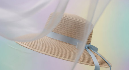 A straw hat with a blue ribbon and bow is draped with flowing sheer fabric against a pastel background.の素材