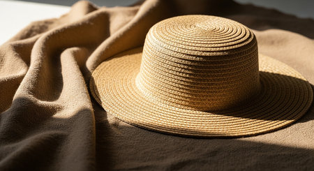 Casual showing straw hat resting on a rumpled brown fabric with sunlight and shadows keywords: hat, straw,...の素材