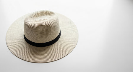 A white woven straw fedora hat with a black band is presented on a clean white background.の素材