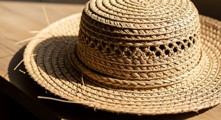 Close up of a woven straw hat with a decorative band and sunlight casting shadows.の素材