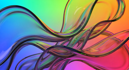 (736) showing abstract swirling liquid forms with vibrant rainbow gradient background and translucent waves. resolutionの素材