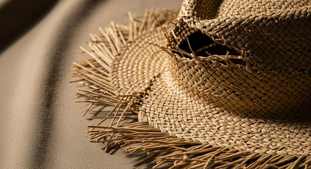 A close-up view of a distressed straw hat with frayed edges and an open weave texture.の素材