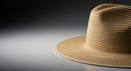 A close-up of a light brown straw hat is illuminated against a dark, dramatic gradient background.の素材