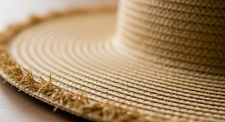 Extreme close-up of a straw hat's brim showing the woven texture and frayed edges.の素材