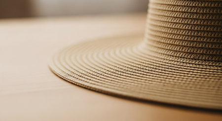 Close up of a woven straw hat brim with a shallow depth of field on a wooden surfaceの素材