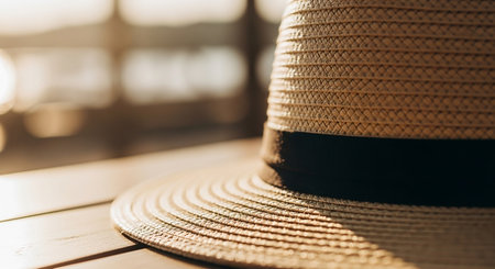 A detailed view of a woven straw hat with a dark band, illuminated by warm sunlight with a blurred background.の素材