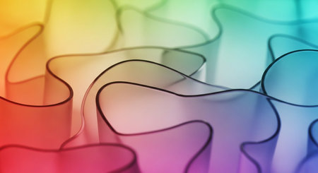 Abstract composition of smooth, translucent wavy ribbons arranged in a flowing rainbow color gradient from red to purple.の素材