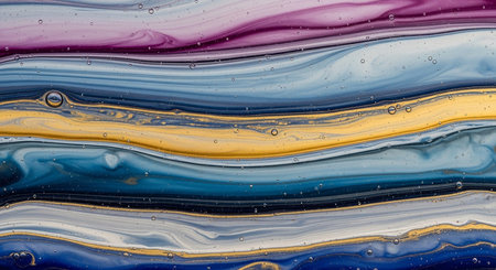 Bubbles showing abstract macro shot of colorful liquid layers with purple blue gold and white streaks and tiny air bubbles. resolutionの素材