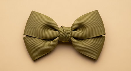 A symmetrical olive green grosgrain ribbon bow is presented centrally on a light beige surface with subtle...の素材