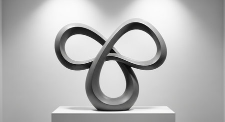 A smooth gray abstract sculpture of a trefoil knot sits on a white pedestal under spotlighting.の素材