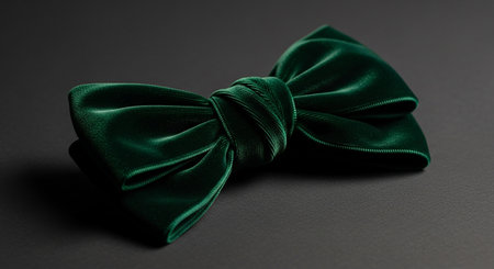A deep green velvet bow with a soft, textured surface lies on a dark surface. Clear details and vibrant colors...の素材