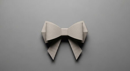 A minimalist light gray origami paper bow with sharp, defined folds is presented on a plain gray background.の素材
