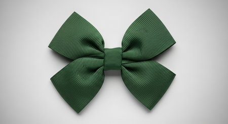 A dark green grosgrain ribbon bow is centered on a light gray background with subtle shading.の素材