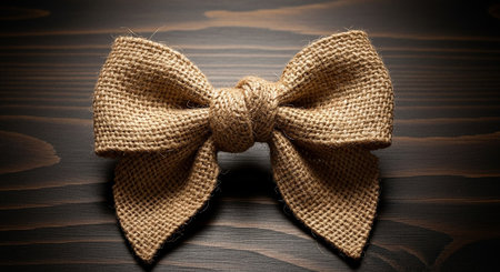 A rustic burlap bow rests on a dark wooden plank background. Clear details and vibrant colors enhance visual a...の素材