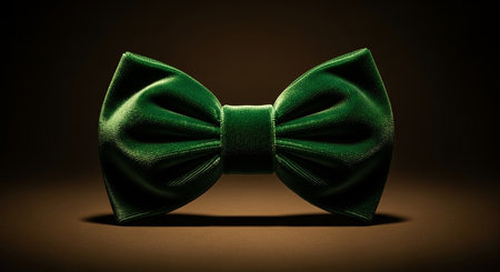 A green velvet bow tie is centered on a brown background with dramatic lighting and shadow.の素材