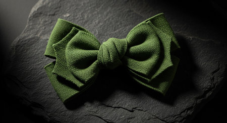 Dark showing olive green textured bow on a dark slate stone surface. High resolution image suitable for...の素材
