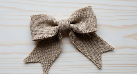 A rustic burlap bow with frayed edges is centered on a light wood plank surface. Clear details and vibrant col...の素材
