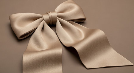 Craft showing chic beige satin bow with flowing tails on a taupe background keywords: beige bow, satin bow,...の素材
