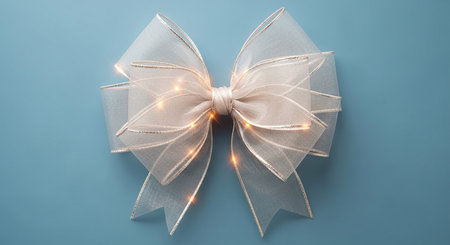 A delicate sheer ribbon bow with gold trim and warm LED lights on a teal background.の素材