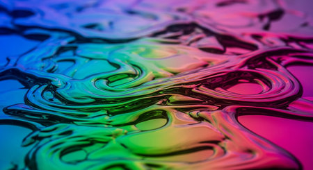 A close-up view of an abstract iridescent liquid surface with swirling patterns in vibrant shades of blue, green, and pink, reflecting light.の素材