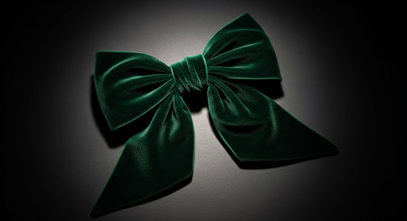 A deep emerald green velvet ribbon bow is presented with dramatic spotlighting on a dark background.の素材