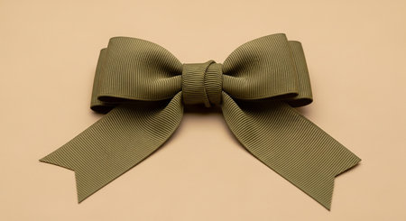 A ribbed olive green fabric bow is centered on a light beige background, studio shot.の素材