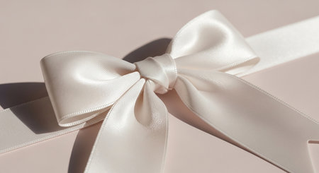 A close-up of a cream satin bow tied on a cream ribbon against a pale pink surface.の素材