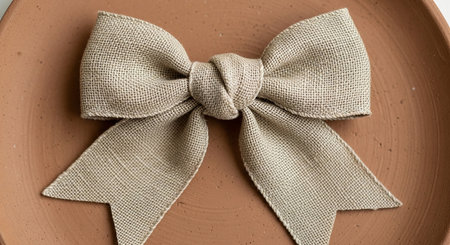 A natural burlap ribbon bow with a visible texture is tied in a knot and placed on a terracotta plate.の素材