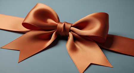 A close-up of a shiny copper satin ribbon tied into a bow on a muted blue surface.の素材