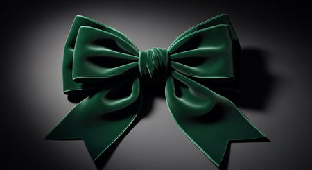 A dark green velvet bow with prominent texture and dramatic lighting casts a shadow on a dark background.の素材