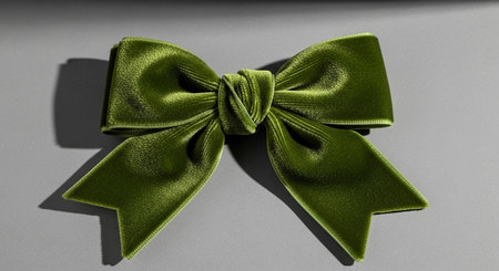 A rich olive green velvet bow with a textured knot sits on a smooth gray surface. Clear details and vibrant co...の素材
