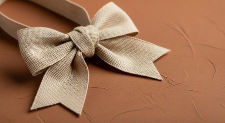 A natural burlap bow with a textured surface is tied on a rough, brown background.の素材
