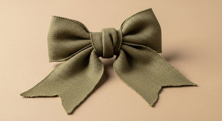 An olive green textured fabric bow with pointed tails rests on a neutral, light brown background.の素材