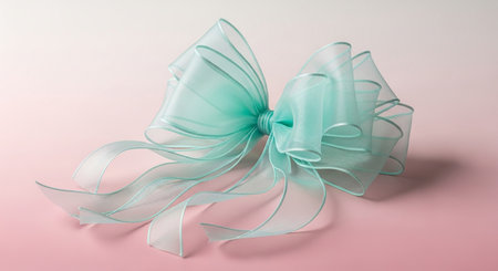 A translucent teal organza bow with multiple flowing tails tied in a knot on a pink background.の素材