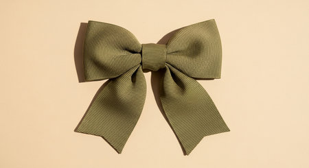 An olive green ribbed ribbon bow is centered on a light beige background with soft shadow.の素材