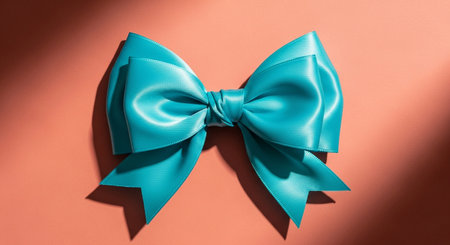 A bright teal ribbon bow with a textured surface is shown on a pink background with light shadows.の素材