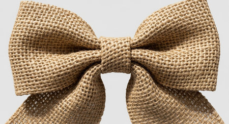A textured burlap bow tie made of natural woven fabric, shown on a white background.の素材