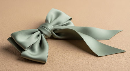 A sage green satin bow with long tails is placed on a beige textured surface. Clear details and vibrant colors...の素材