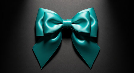 A striking teal satin ribbon bow is dramatically lit against a dark, textured surface.の素材