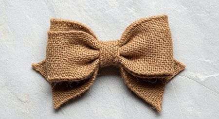 A rustic burlap bow with a tied knot sits centered on a textured gray surface. Clear details and vibrant color...の素材