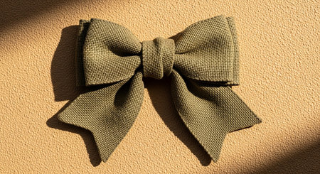 An olive green textured fabric bow with sunlight casting shadows on a tan surface.の素材