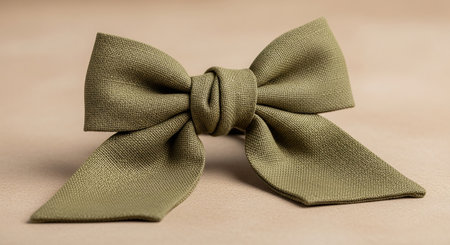An olive green textured fabric bow with a knot in the center is set against a neutral background.の素材